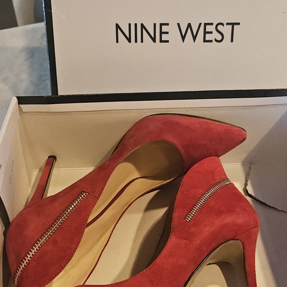 Nine West Red Suede Pointed-Toe Stiletto Heels with Side Zip Trim